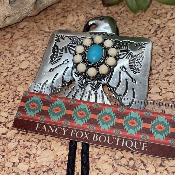 Unique Thunderbird T-Bird White Blue Turquoise Concho Lariat Bolo Tie Wedding ne - Picture 9 of 16